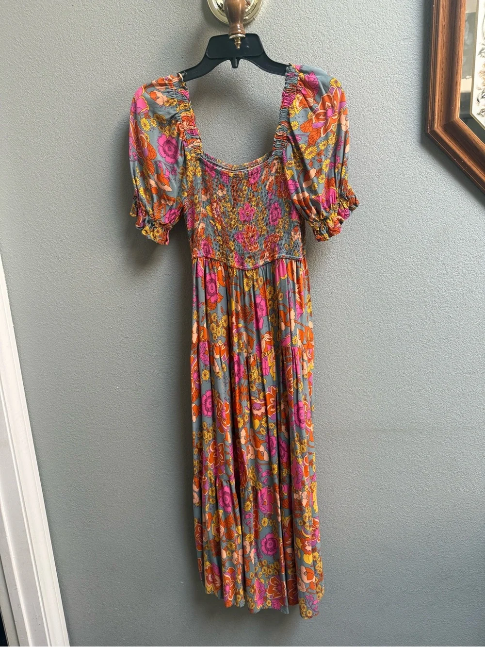Smocked Floral Maxi Dress in Pink & Orange